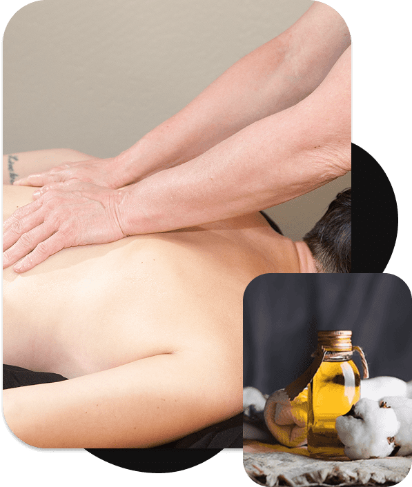 Person receiving a relaxing back massage with essential oils nearby.