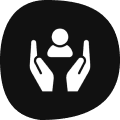 Two hands protectively holding a person icon inside a black circle.