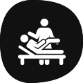 Physical therapy session icon with patient and therapist.